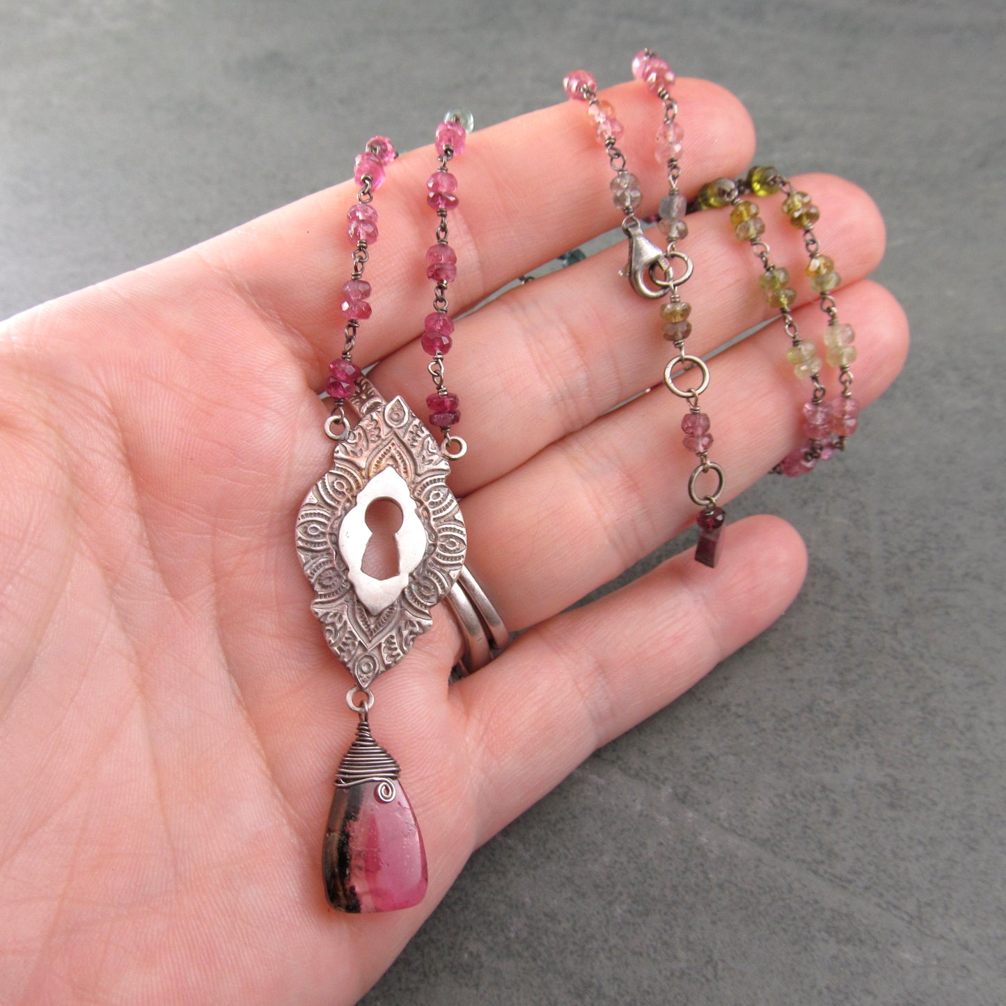 Watermelon tourmaline keyhole pendant necklace in fine silver and sterling silver