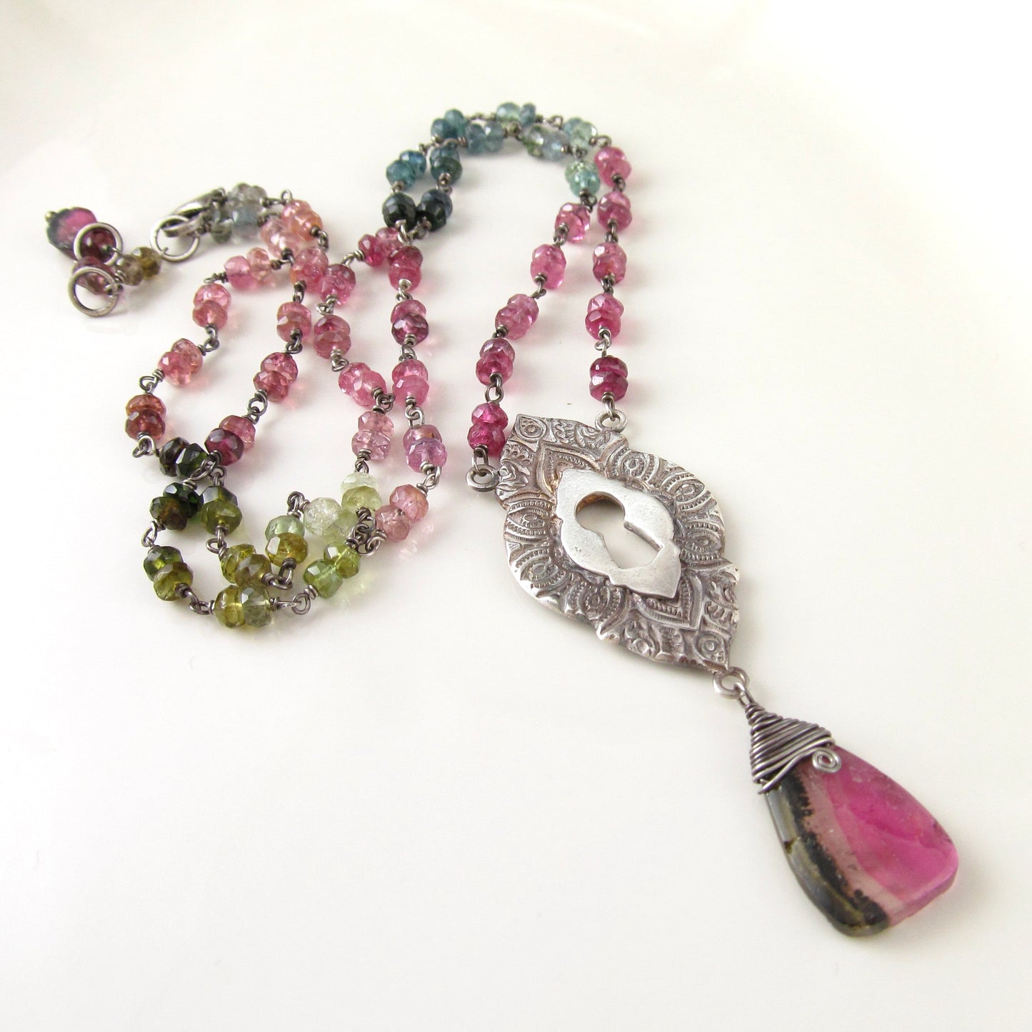 Watermelon tourmaline keyhole pendant necklace in fine silver and sterling silver