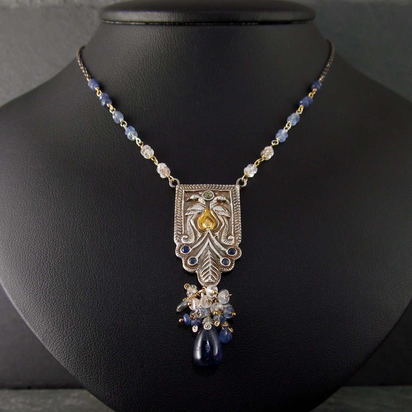 Sapphire peacock necklace in fine silver with 22k gold accents