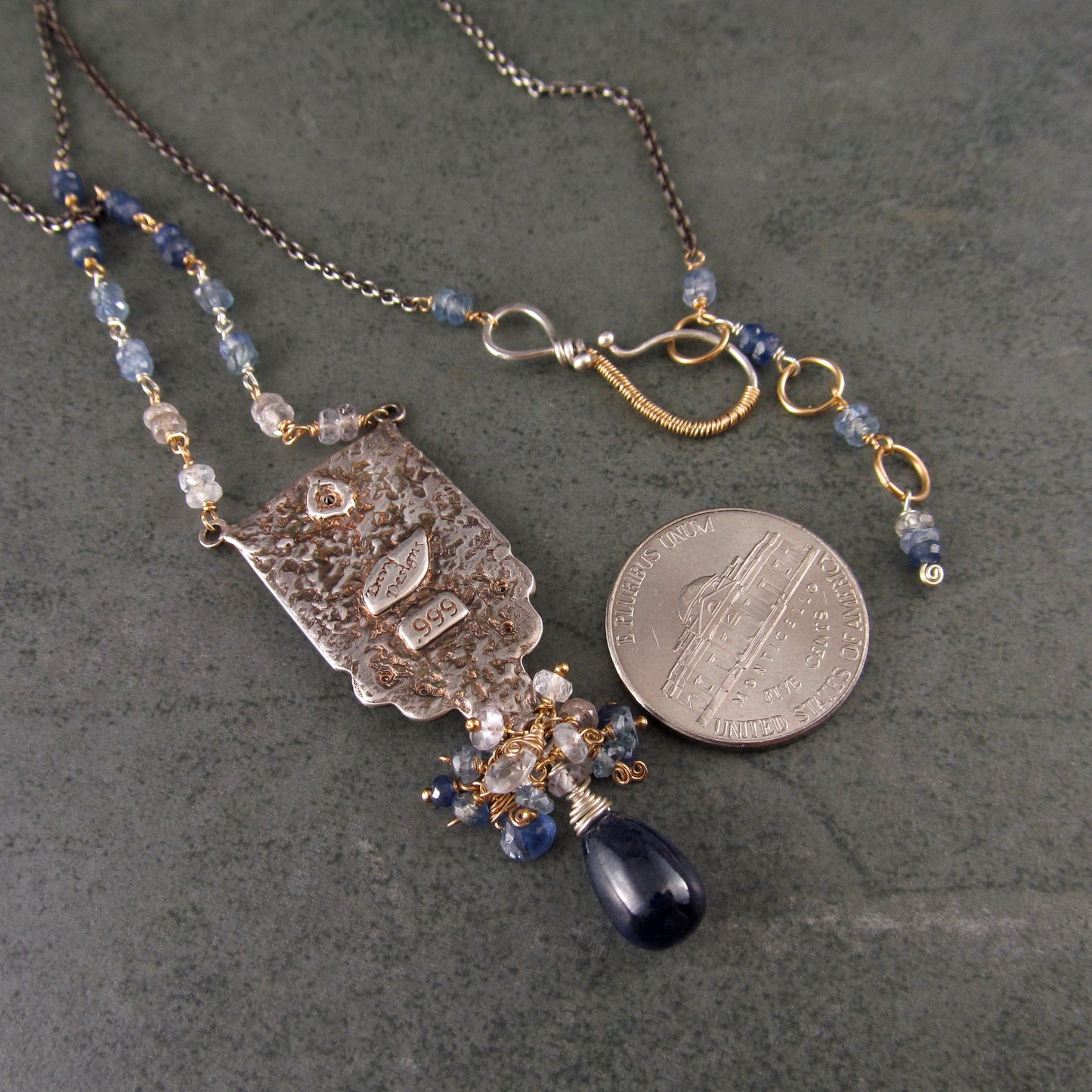 Sapphire peacock necklace in fine silver with 22k gold accents