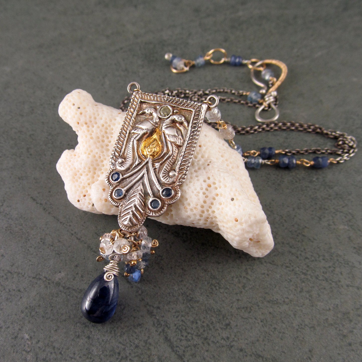 Sapphire peacock necklace in fine silver with 22k gold accents