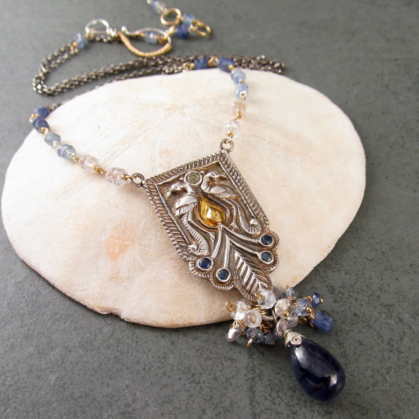 Sapphire peacock necklace in fine silver with 22k gold accents