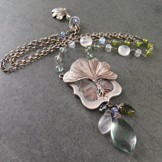 Gingko tree pendant in fine silver with fluorite, moonstone, tanzanite and vesuvianite gemstones