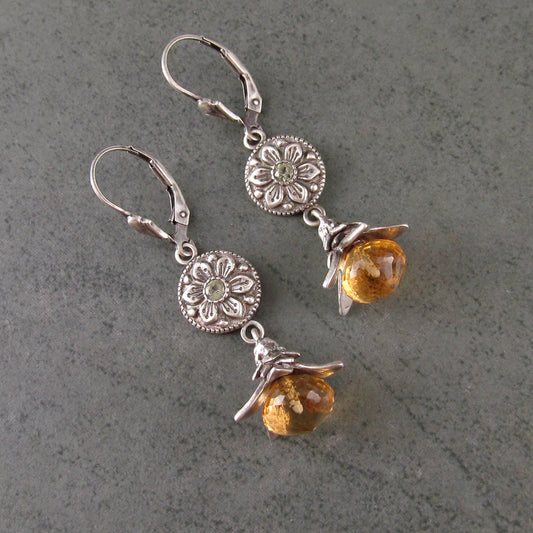 Citrine exotic flower earrings, handmade fine silver and green sapphire