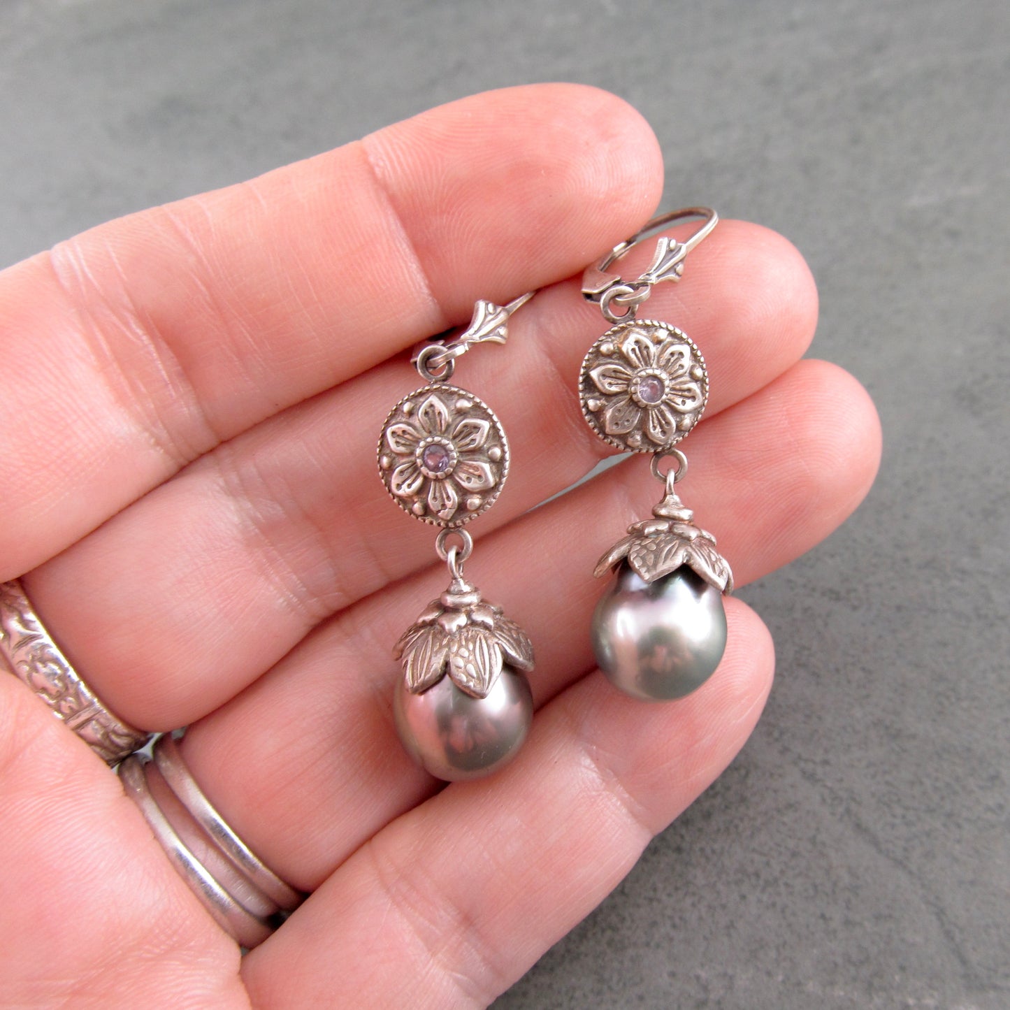 Fine silver Exotic Flower earrings with Tahitian pearls, and lavender sapphires