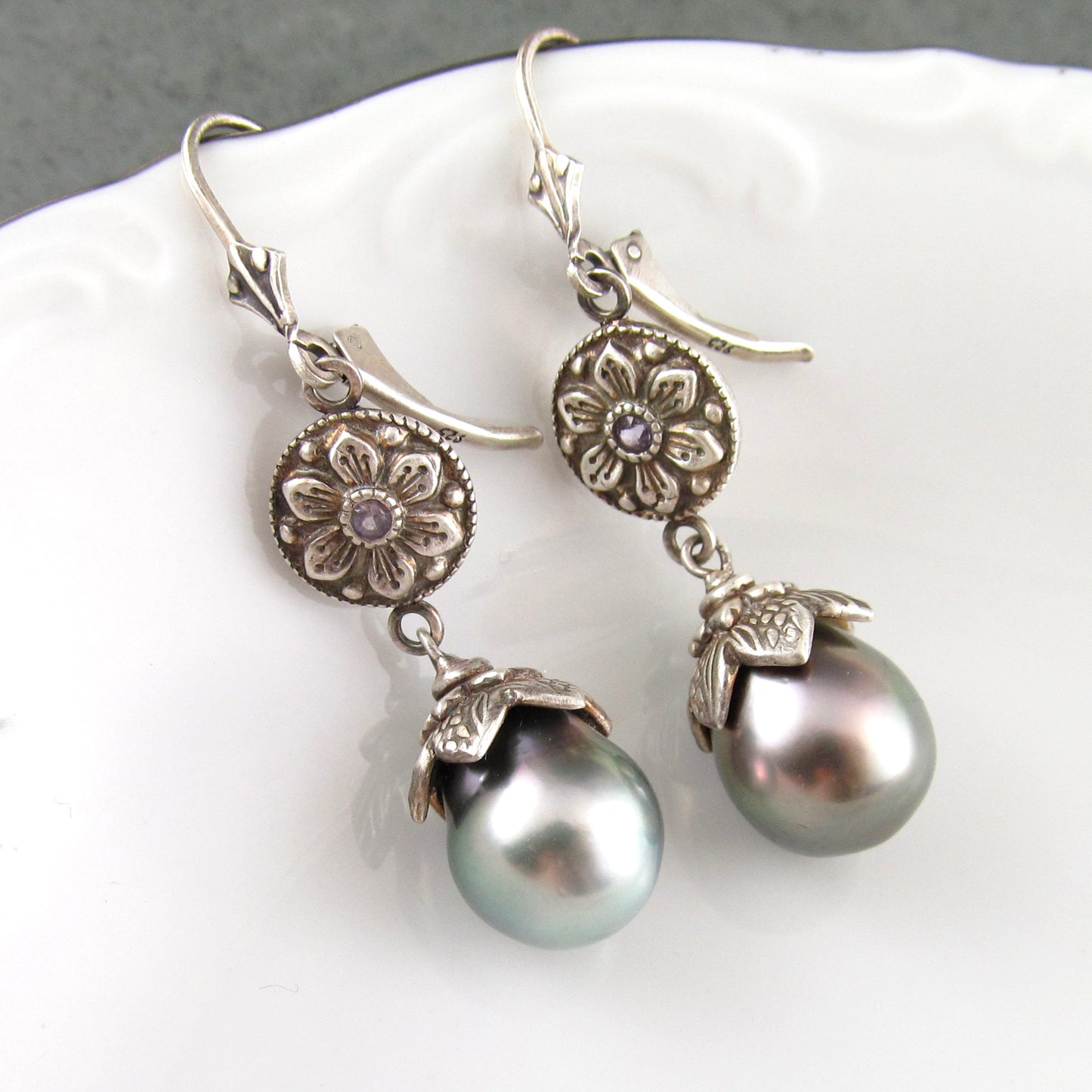 Fine silver Exotic Flower earrings with Tahitian pearls, and lavender sapphires