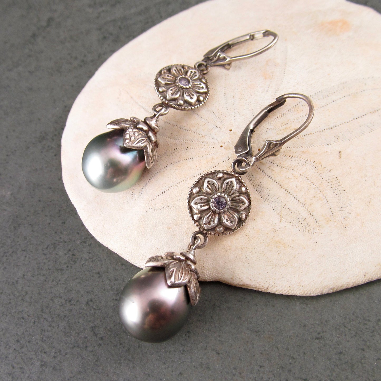 Fine silver Exotic Flower earrings with Tahitian pearls, and lavender sapphires