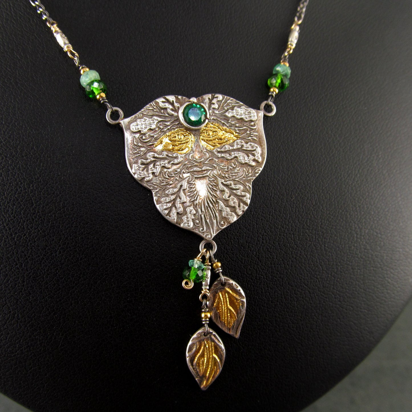 Green man pendant in fine silver with 22k gold accents, emerald and chrome diopside