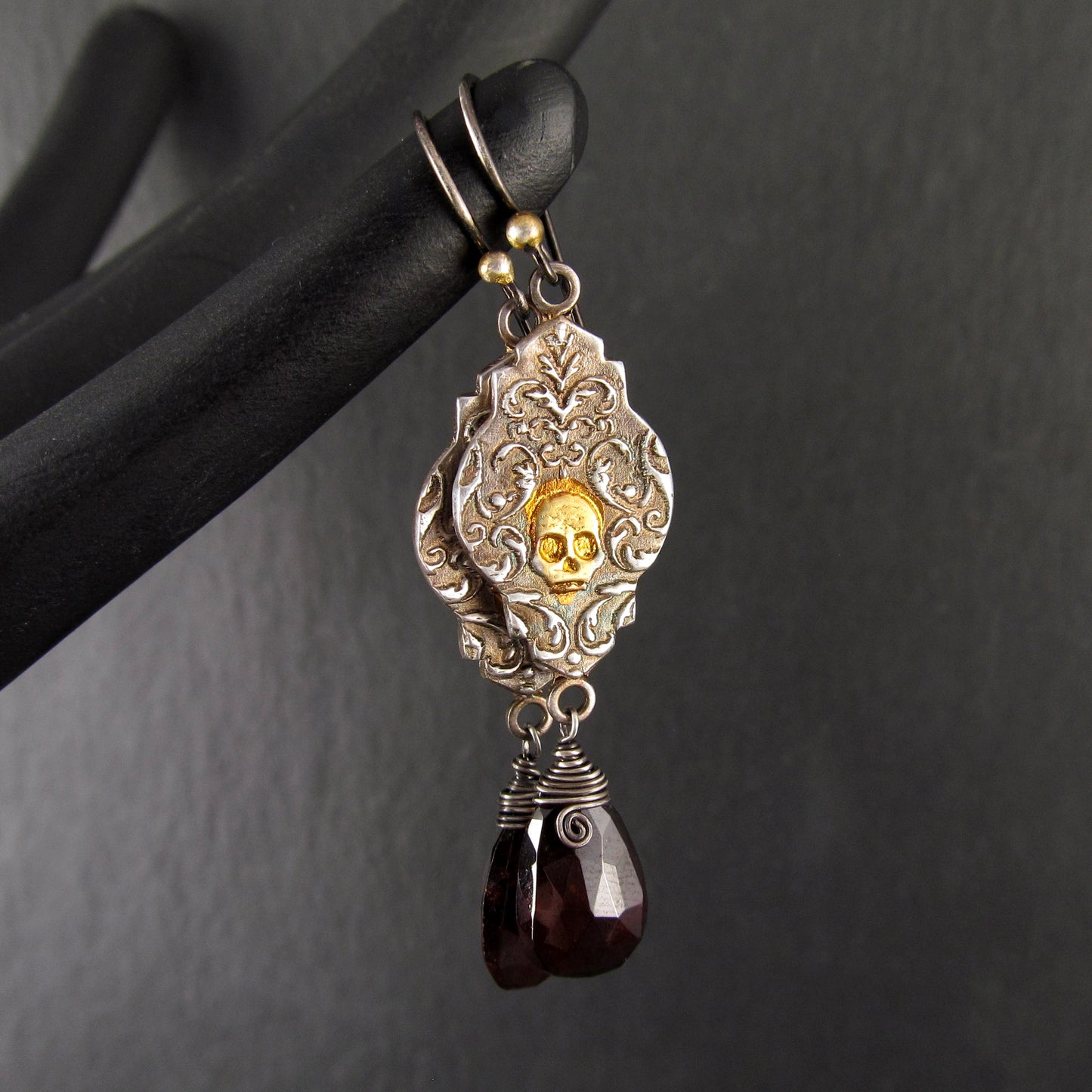 Victorian Memento Mori earrings in fine silver with blood red garnets and 22k gold accents