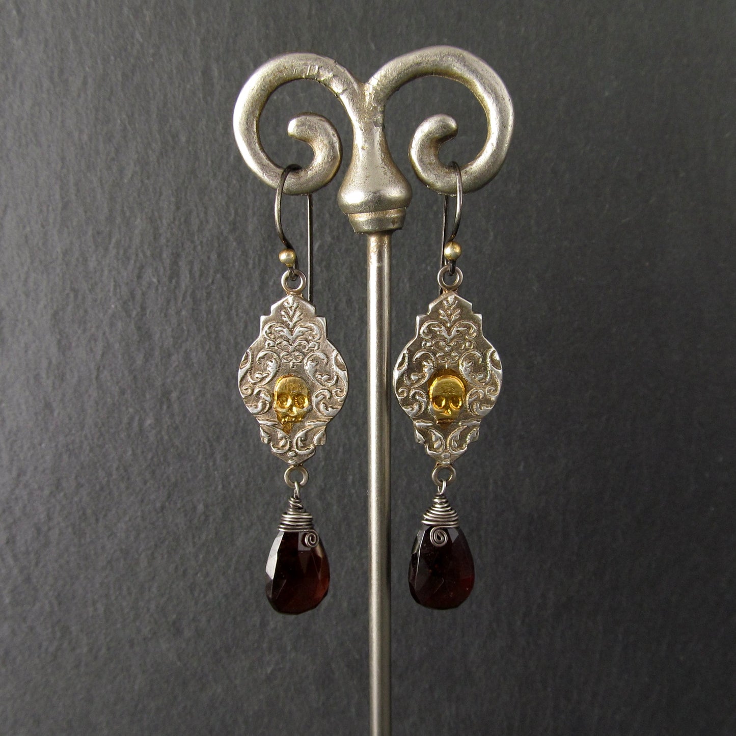 Victorian Memento Mori earrings in fine silver with blood red garnets and 22k gold accents