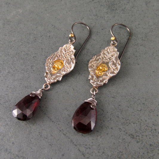 Victorian Memento Mori earrings in fine silver with blood red garnets and 22k gold accents