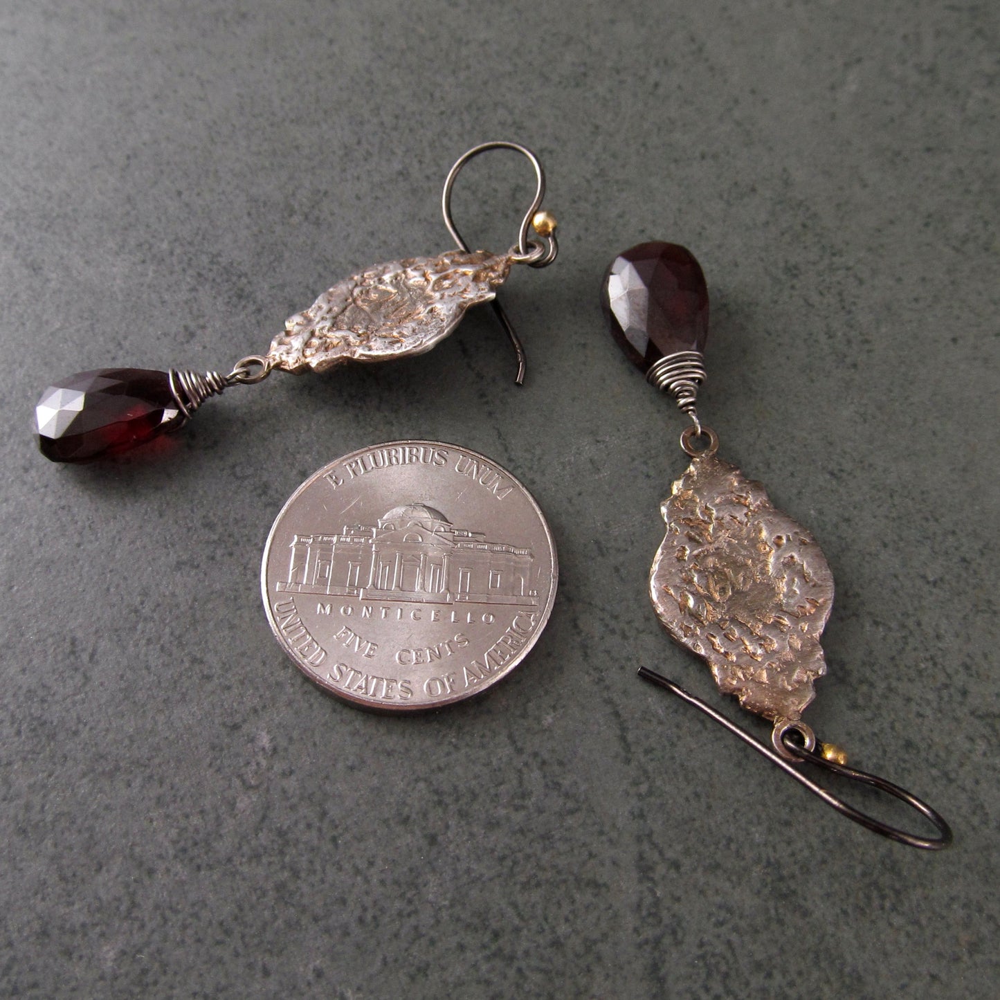 Victorian Memento Mori earrings in fine silver with blood red garnets and 22k gold accents