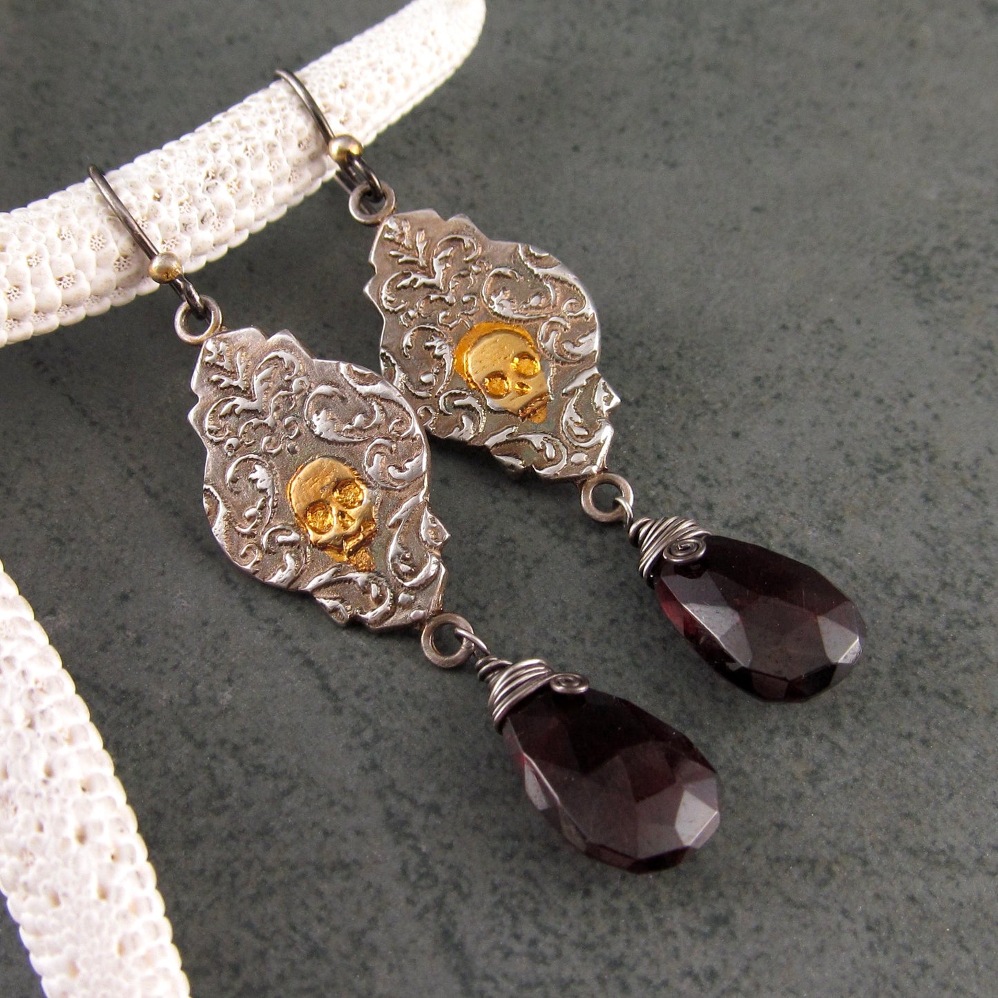 Victorian Memento Mori earrings in fine silver with blood red garnets and 22k gold accents