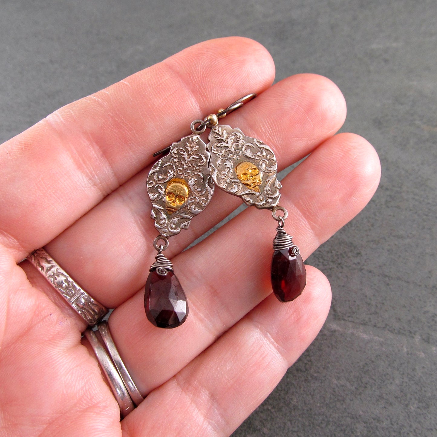 Victorian Memento Mori earrings in fine silver with blood red garnets and 22k gold accents