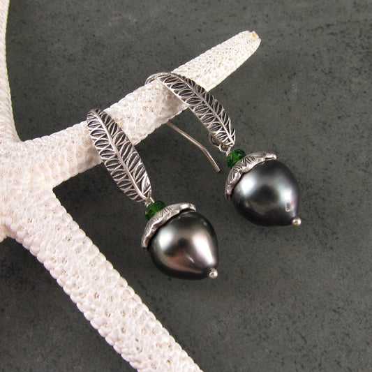 Tahitian pearl drop earrings, silver acorn earrings