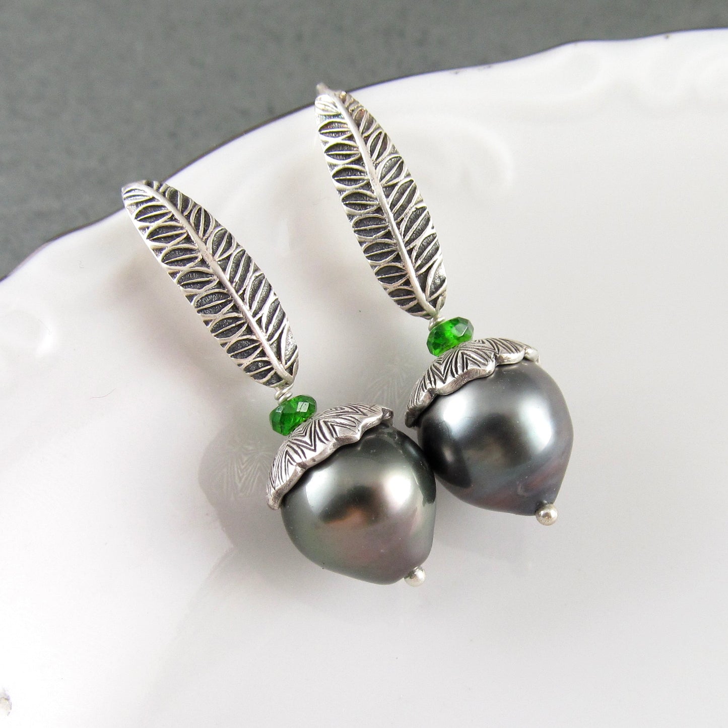Tahitian pearl drop earrings, silver acorn earrings