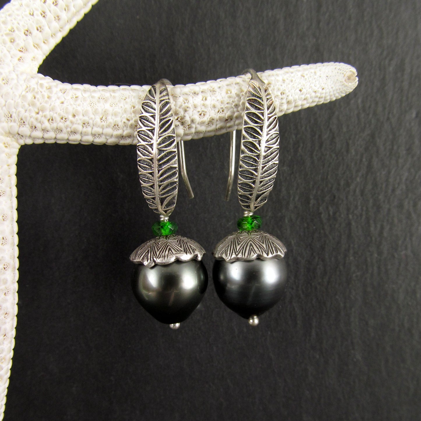 Tahitian pearl drop earrings, silver acorn earrings