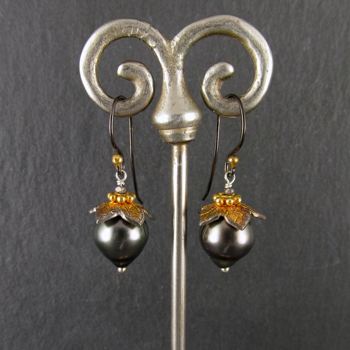 Tahitian pearl flower bud earrings in fine silver and 22k gold