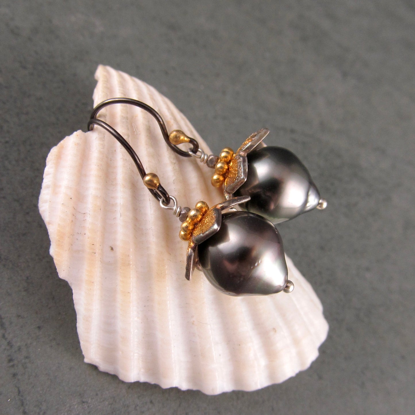 Tahitian pearl flower bud earrings in fine silver and 22k gold