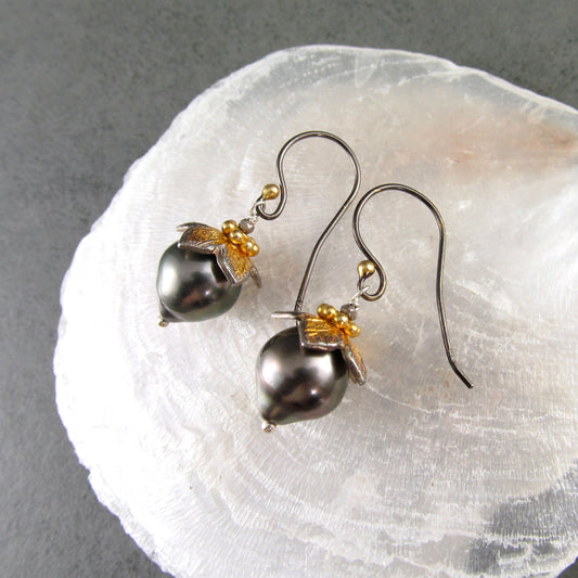 Tahitian pearl flower bud earrings in fine silver and 22k gold