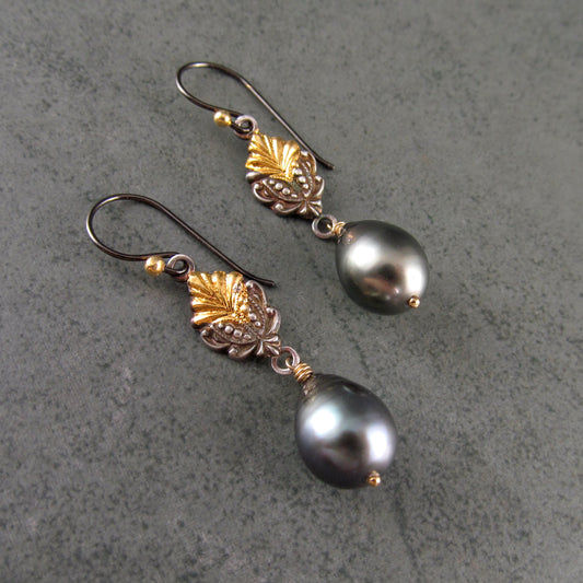 Polynesian princess earrings, Tahitian pearls, fine silver and 22k gold accents