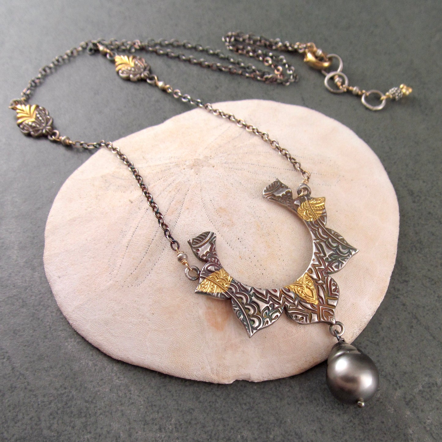 Fine silver mandala lotus necklace with 22k gold accents