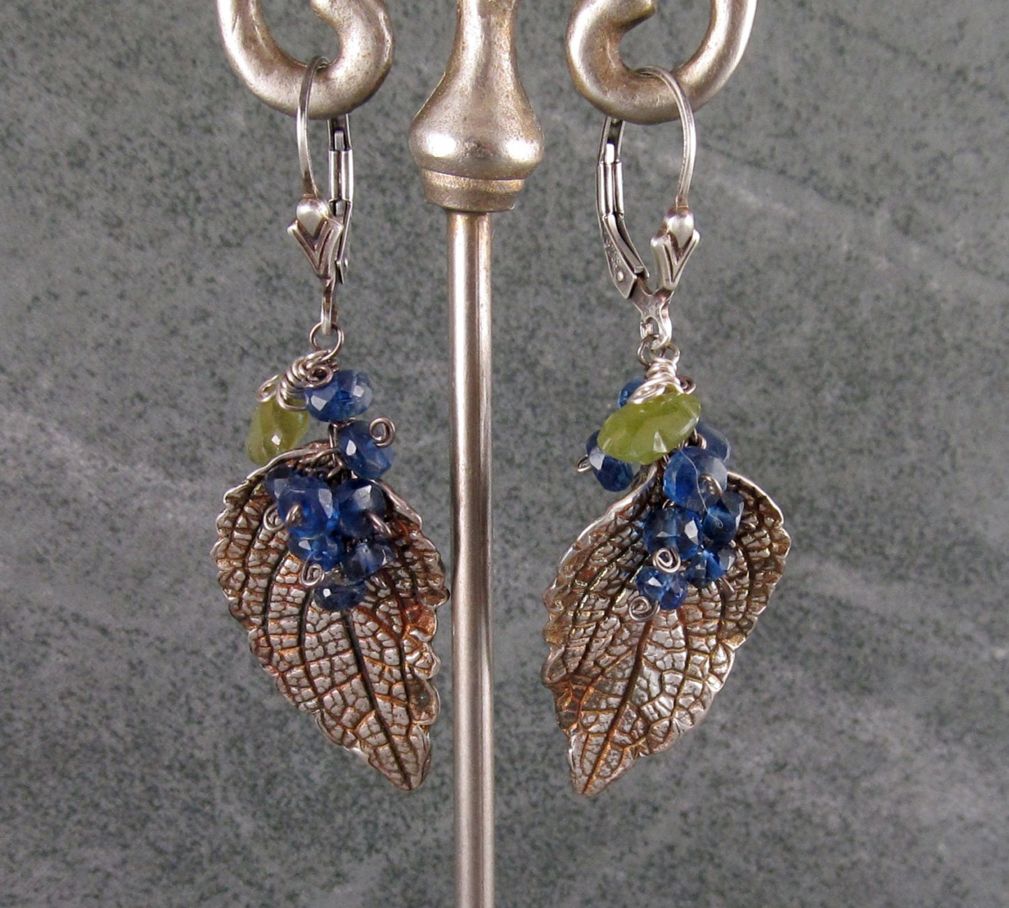 Mint leaf earrings, handmade eco friendly fine silver leaves with Kyanite and vesuvianite-OOAK envy designs original