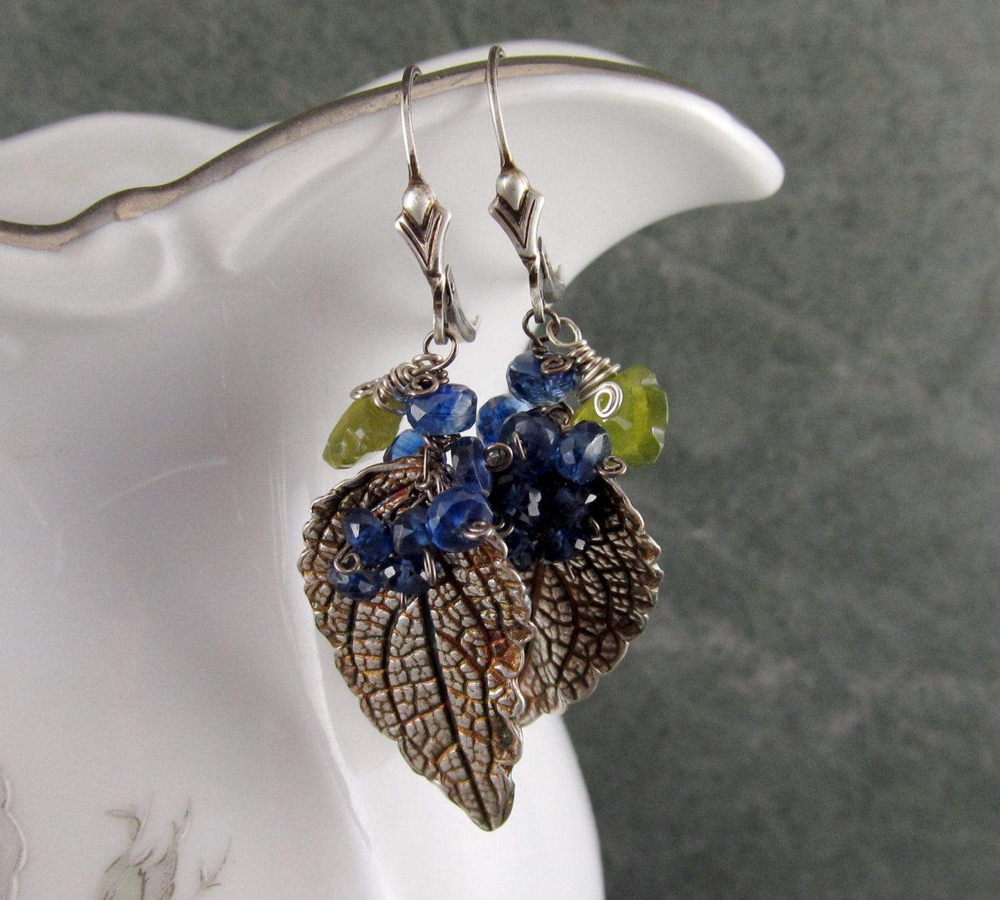 Mint leaf earrings, handmade eco friendly fine silver leaves with Kyanite and vesuvianite-OOAK envy designs original