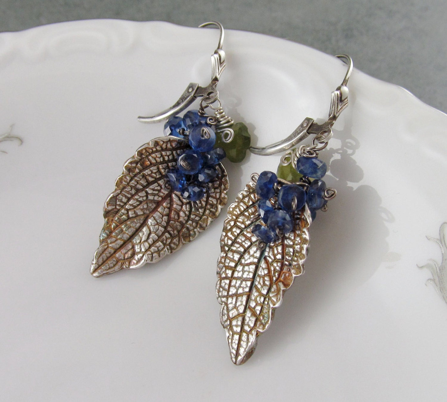 Mint leaf earrings, handmade eco friendly fine silver leaves with Kyanite and vesuvianite-OOAK envy designs original