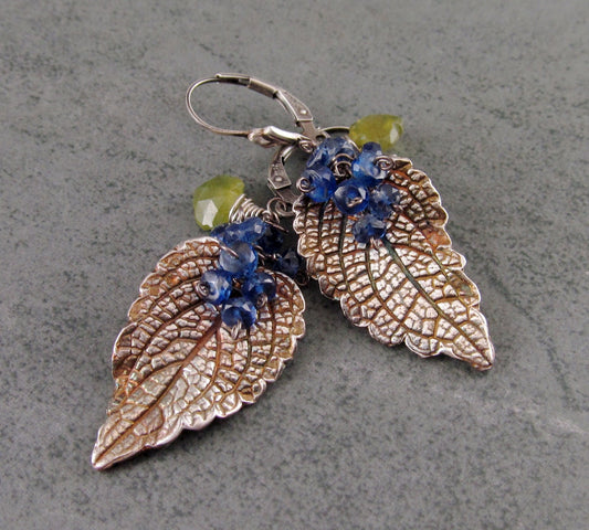 Mint leaf earrings, handmade eco friendly fine silver leaves with Kyanite and vesuvianite-OOAK envy designs original