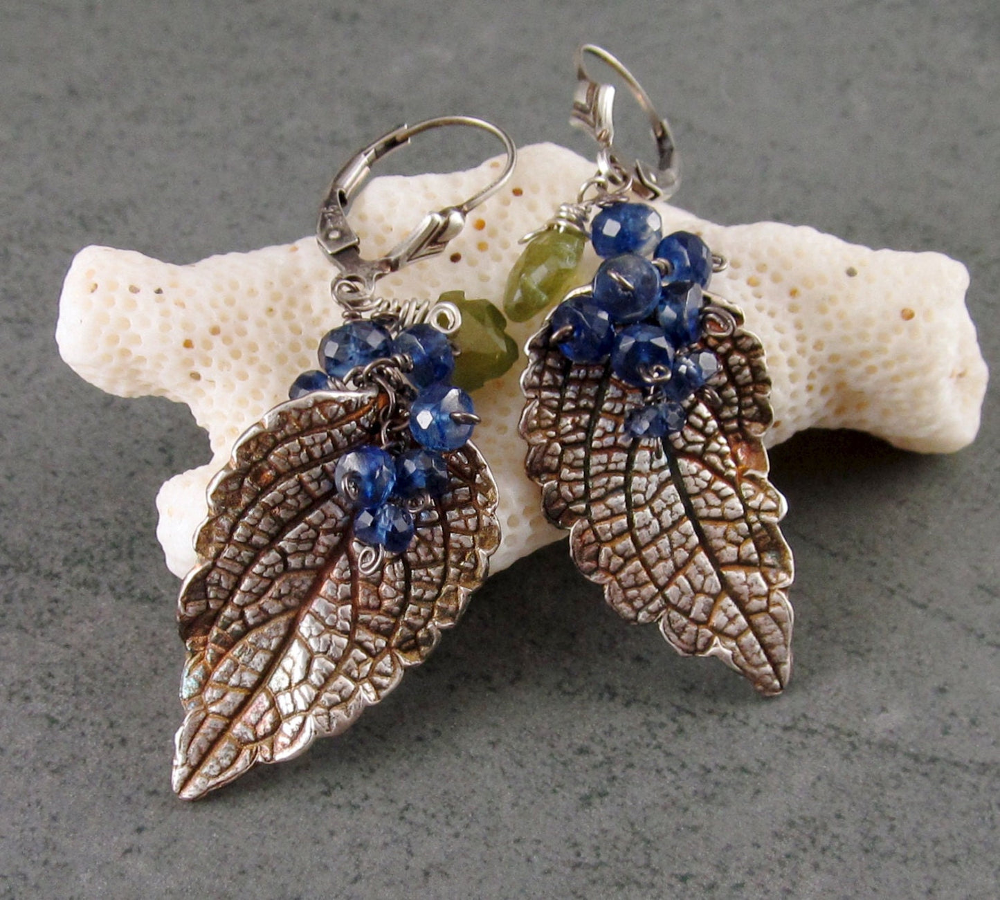 Mint leaf earrings, handmade eco friendly fine silver leaves with Kyanite and vesuvianite-OOAK envy designs original