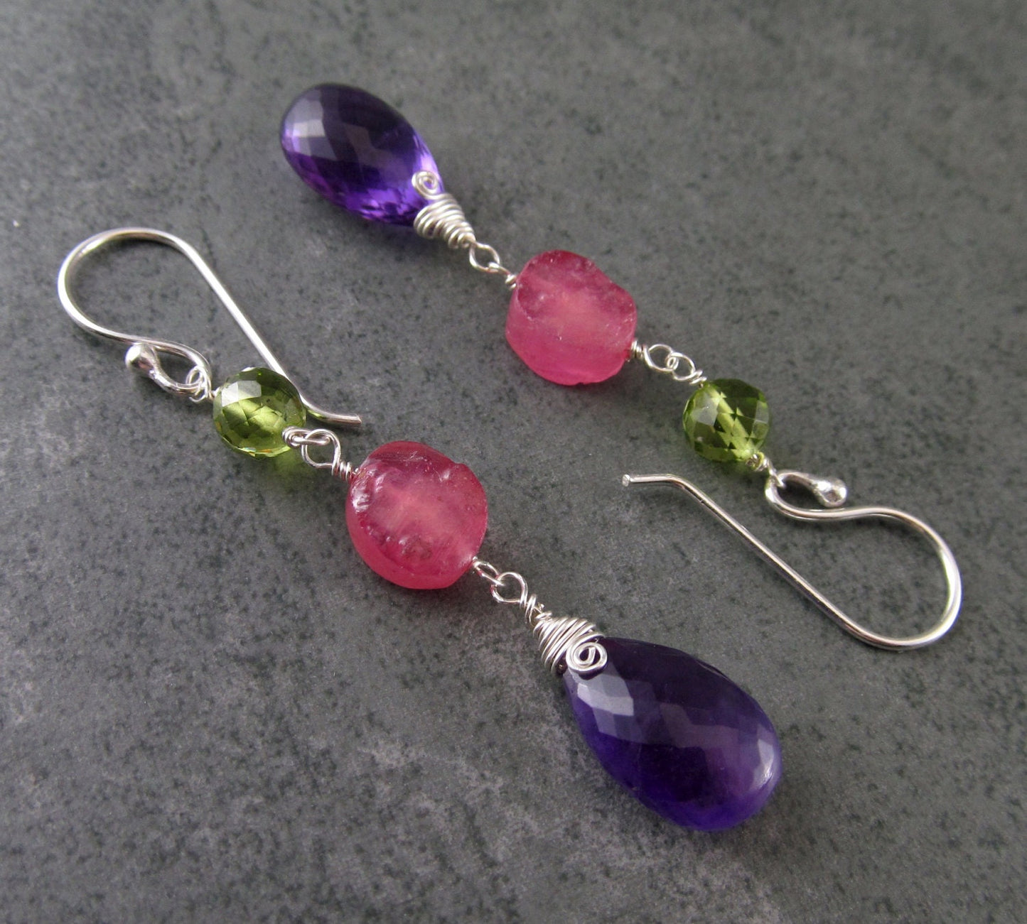 Amethyst, peridot and pink sapphire earrings, handmade sterling silver earrings-OOAK