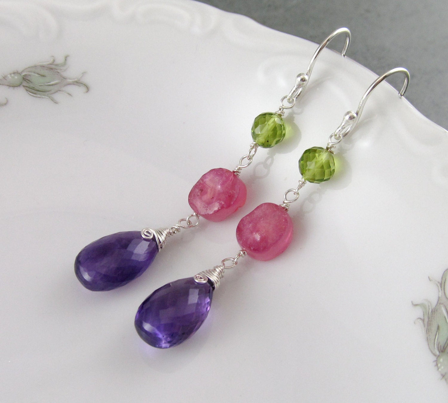 Amethyst, peridot and pink sapphire earrings, handmade sterling silver earrings-OOAK