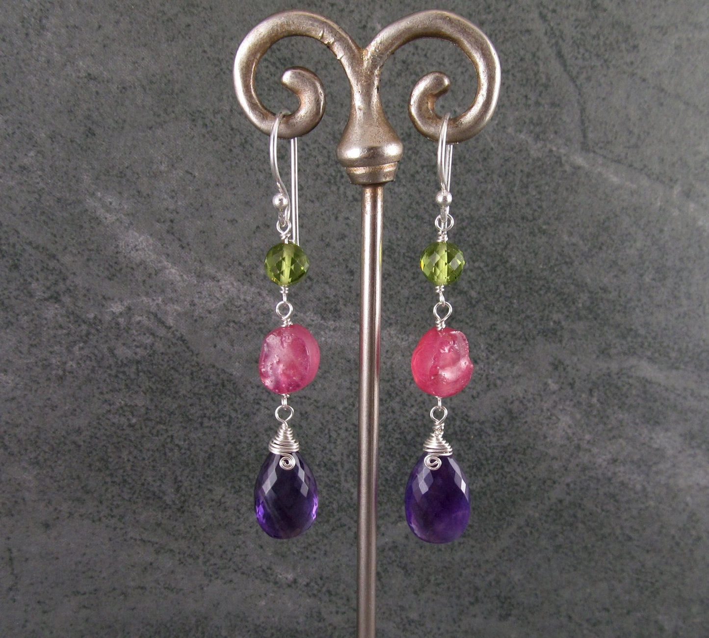 Amethyst, peridot and pink sapphire earrings, handmade sterling silver earrings-OOAK