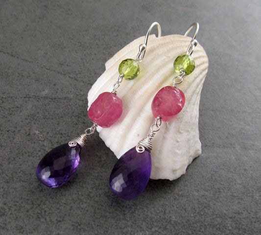 Amethyst, peridot and pink sapphire earrings, handmade sterling silver earrings-OOAK