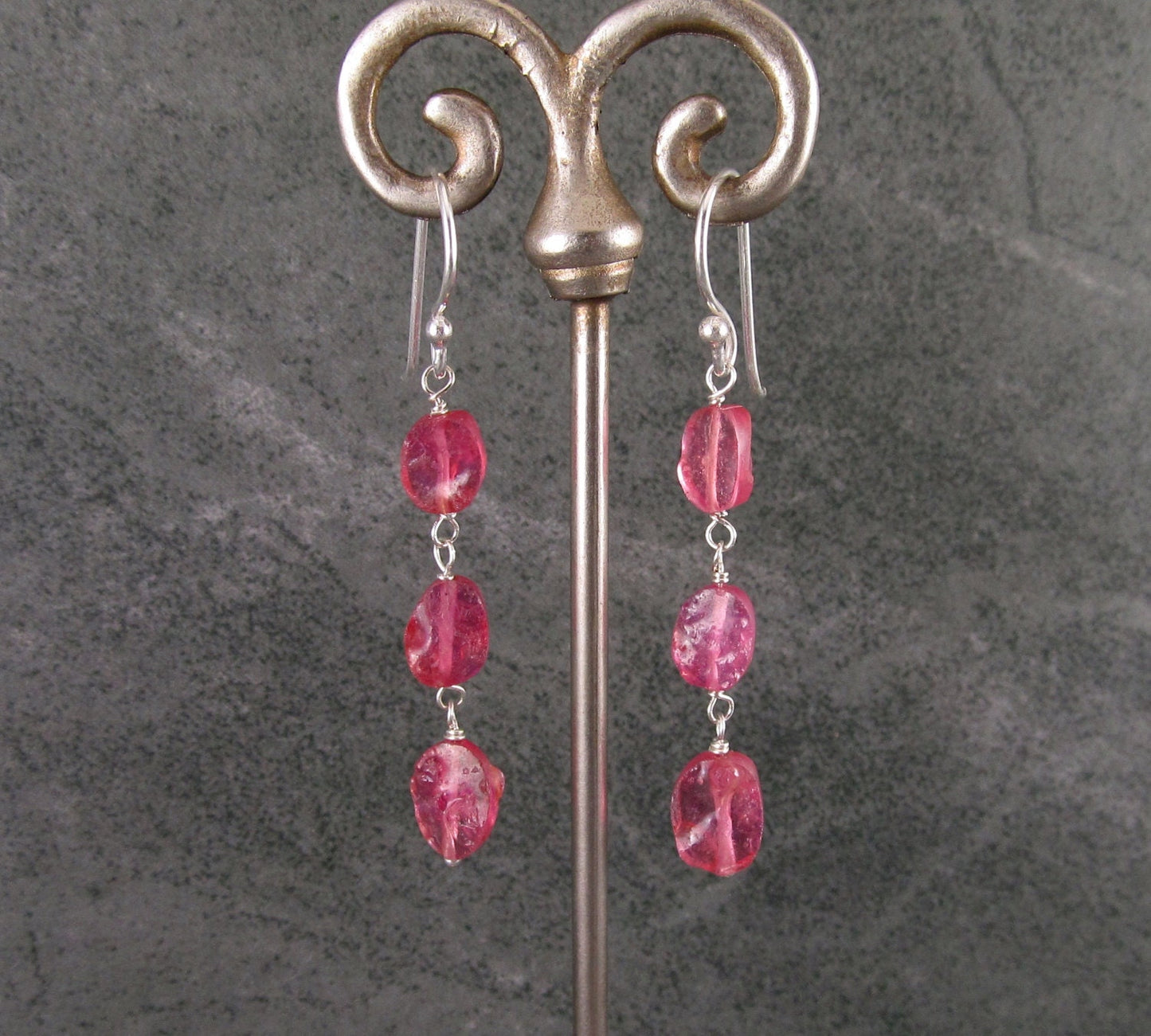 Pink sapphire earrings, handmade sterling silver earrings with rough hammered sapphire-OOAK