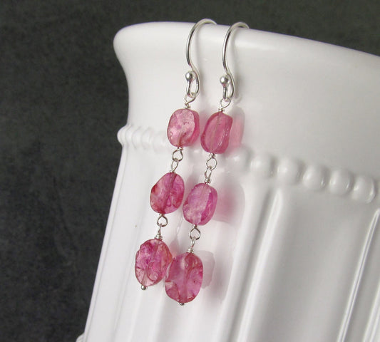 Pink sapphire earrings, handmade sterling silver earrings with rough hammered sapphire-OOAK
