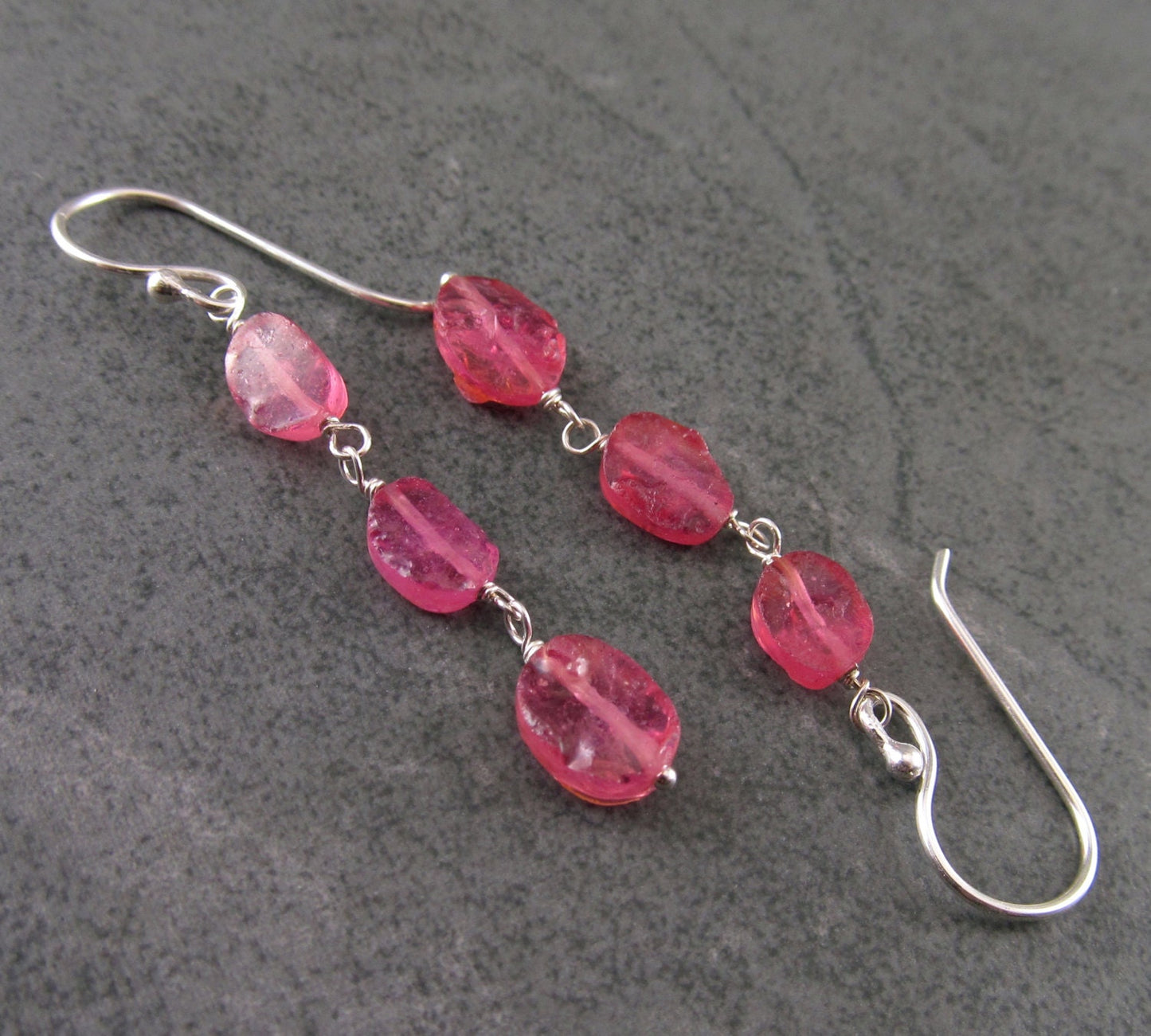 Pink sapphire earrings, handmade sterling silver earrings with rough hammered sapphire-OOAK