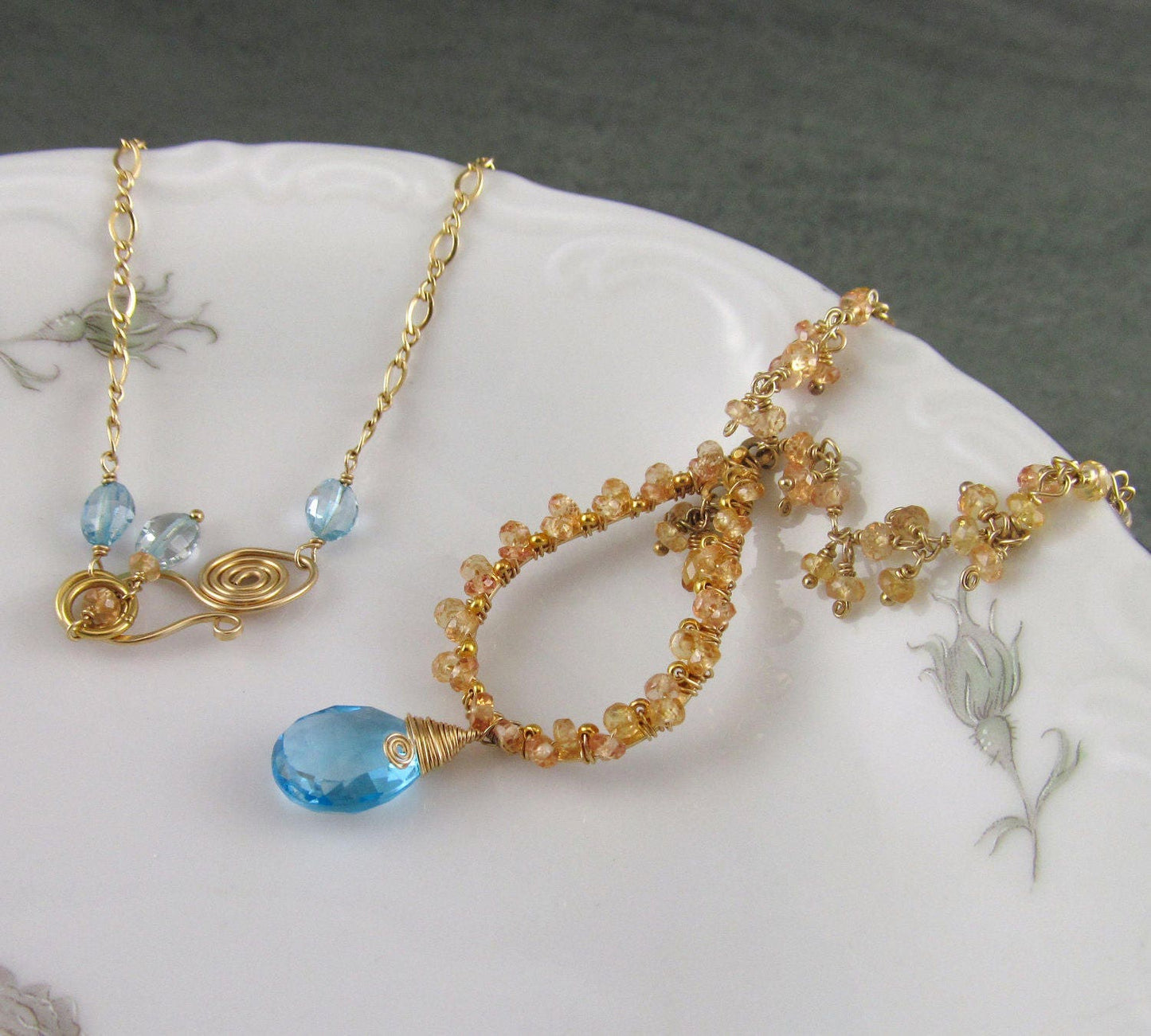 Yellow sapphire necklace, handmade gold filled Swiss blue topaz necklace-OOAK gemstone jewelry