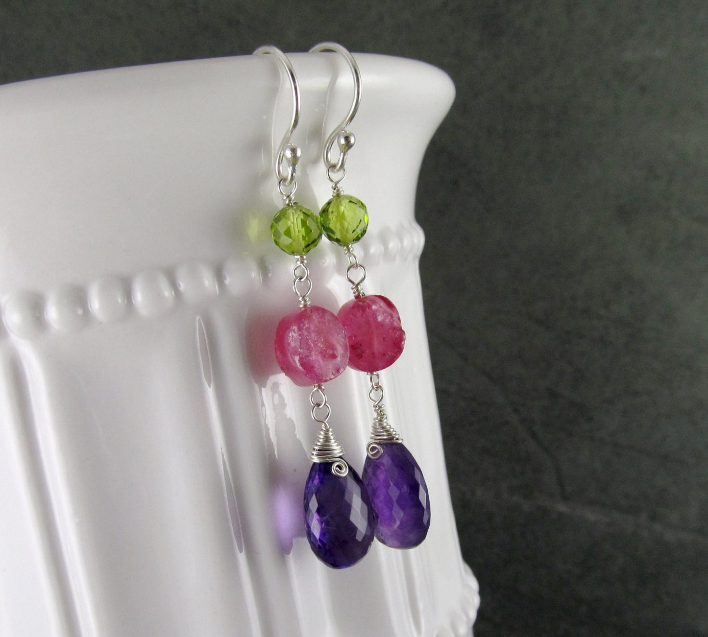 Amethyst, peridot and pink sapphire earrings, handmade sterling silver earrings-OOAK