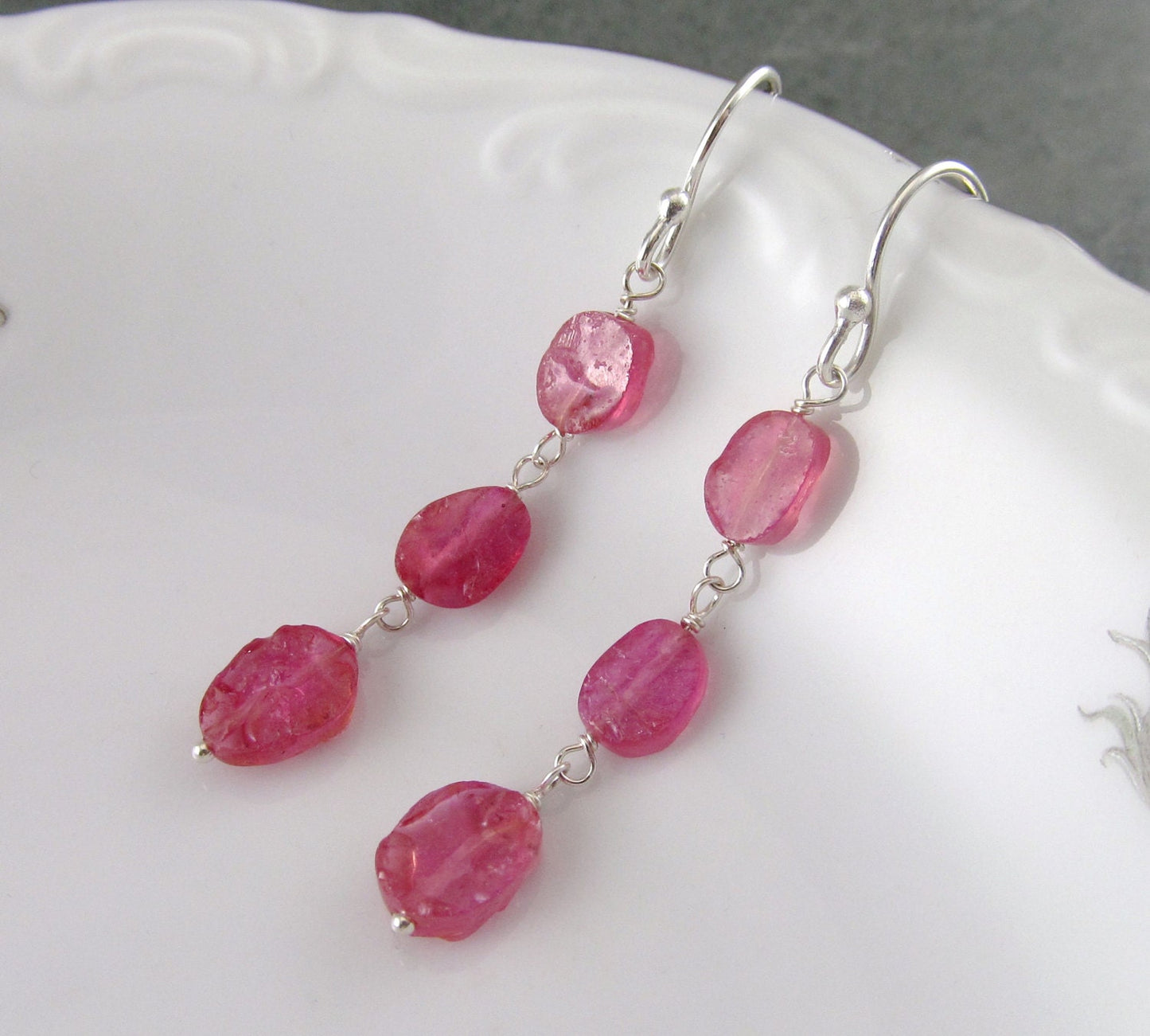 Pink sapphire earrings, handmade sterling silver earrings with rough hammered sapphire-OOAK