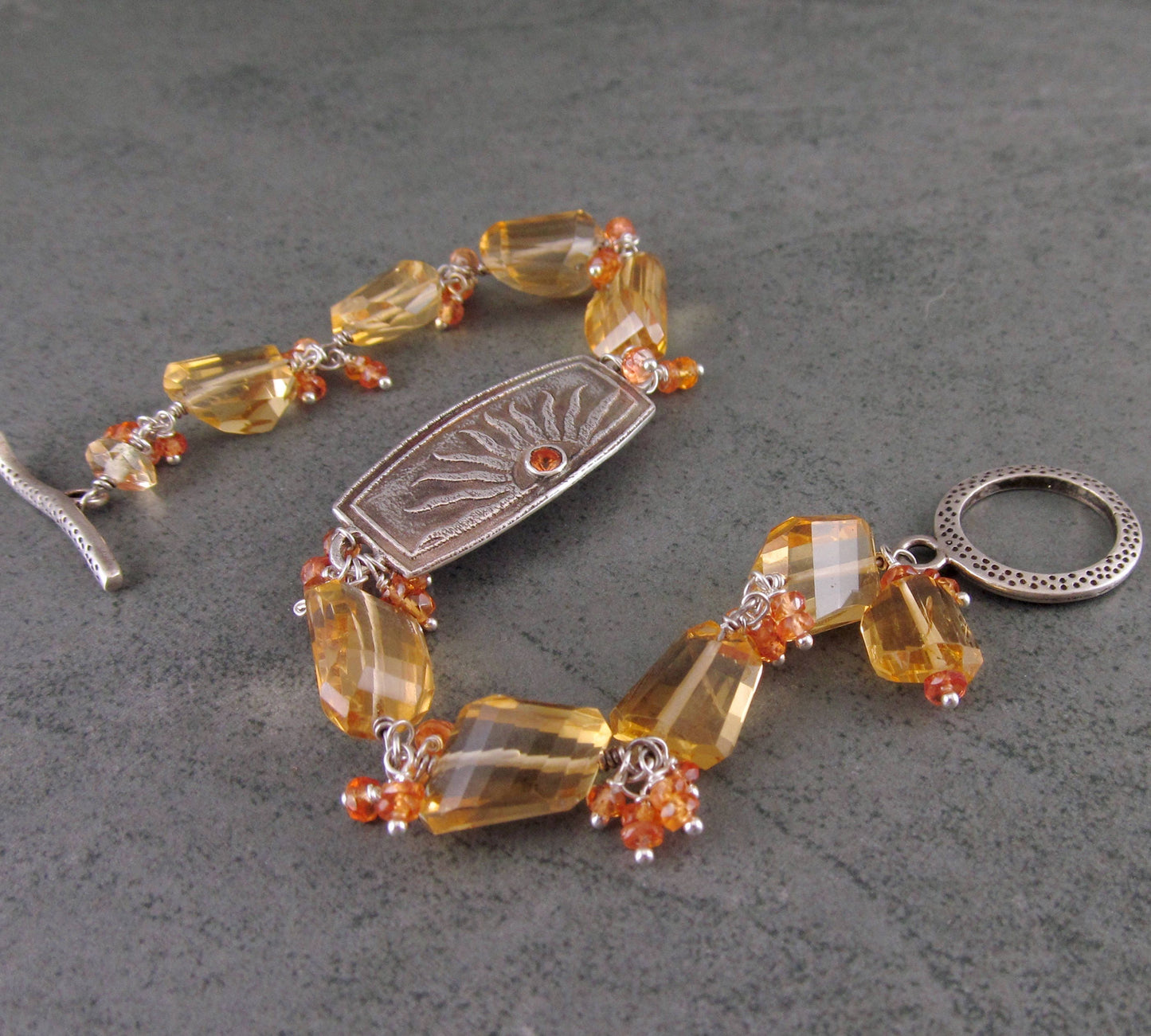 Citrine & sapphire bracelet, handmade fine silver and orange padparadscha sapphire bracelet-OOAK Summer Court