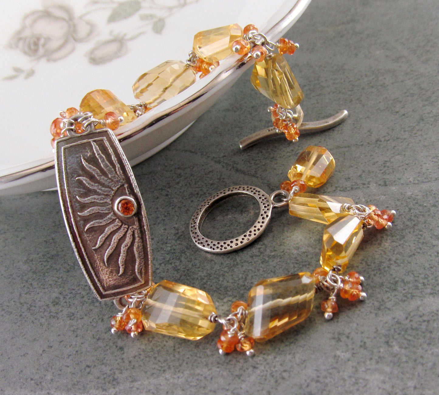 Citrine & sapphire bracelet, handmade fine silver and orange padparadscha sapphire bracelet-OOAK Summer Court