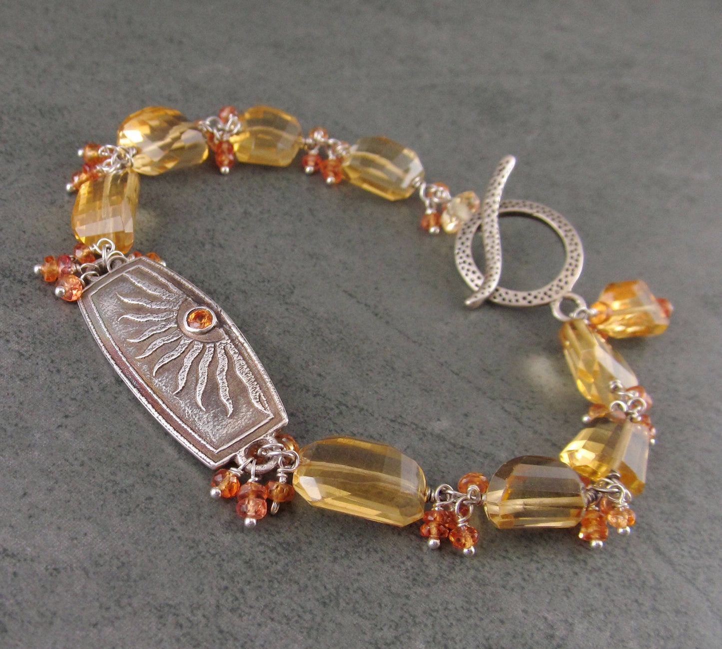 Citrine & sapphire bracelet, handmade fine silver and orange padparadscha sapphire bracelet-OOAK Summer Court