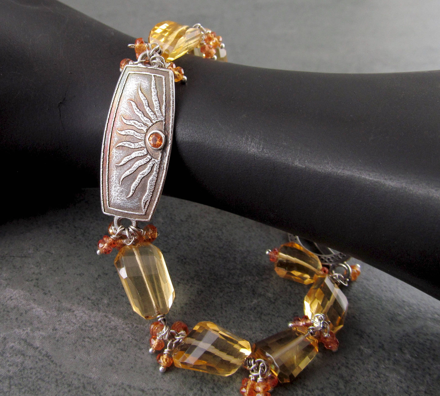 Citrine & sapphire bracelet, handmade fine silver and orange padparadscha sapphire bracelet-OOAK Summer Court