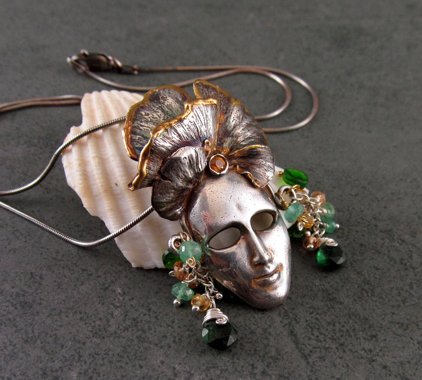 Green goddess mask, handmade recycled fine silver face mask pendant featuring a gingko leaf headdress edged with 22k gold, sapphires-OOAK