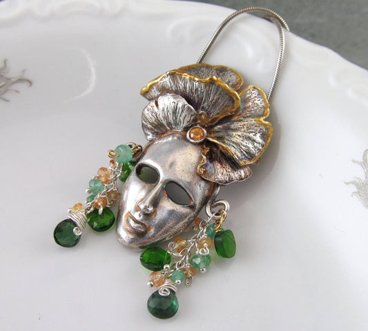 Green goddess mask, handmade recycled fine silver face mask pendant featuring a gingko leaf headdress edged with 22k gold, sapphires-OOAK