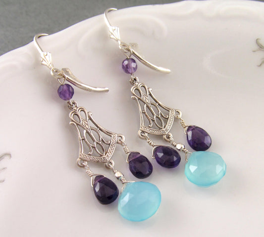 Amethyst and chalcedony chandelier earrings, handmade sterling silver earrings, February birthstone jewelry-OOAK