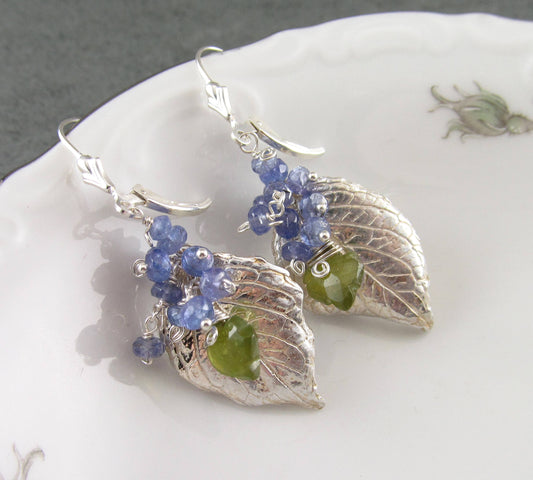 Silver hydrangea leaf earrings with tanzanite, handmade eco friendly fine silver jewelry-OOAK