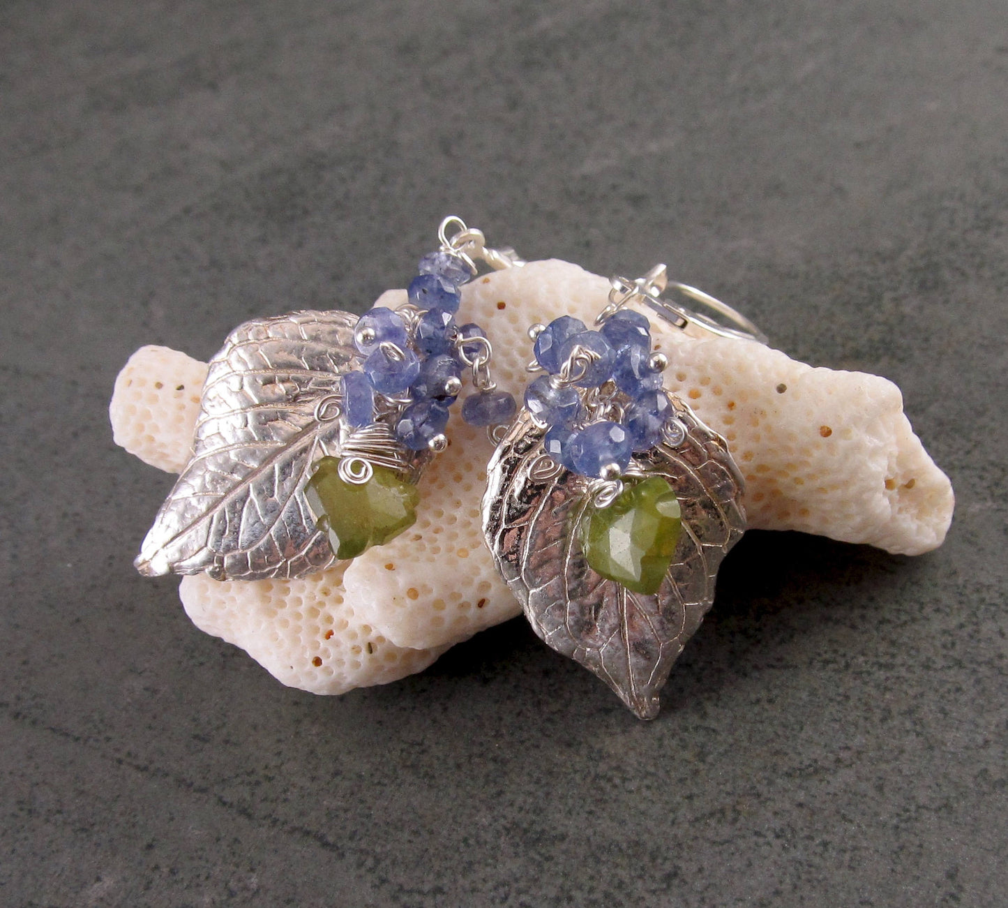 Silver hydrangea leaf earrings with tanzanite, handmade eco friendly fine silver jewelry-OOAK